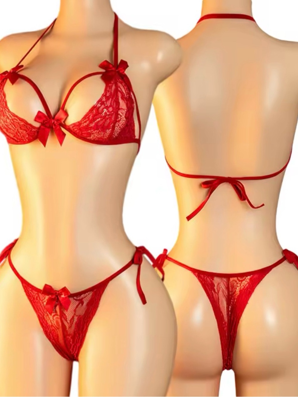 Red Lace Bow Trim Women’s Bikini Set